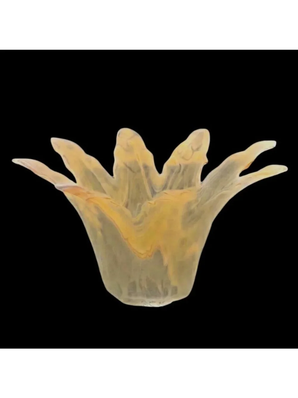 Palm Leaf Glass Candle Holder Vase Translucent Yellow Cream Swirl Vintage Art